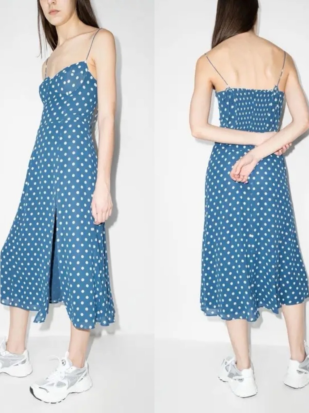 Reformation Juliette Polka-Dot Midi Dress Blue/White- Size 8